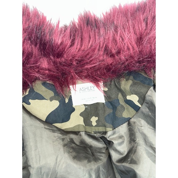Ashley Blue Womens Camo Military Anorak Jacket Burgundy Faux Fur Collar Medium - Picture 8 of 10